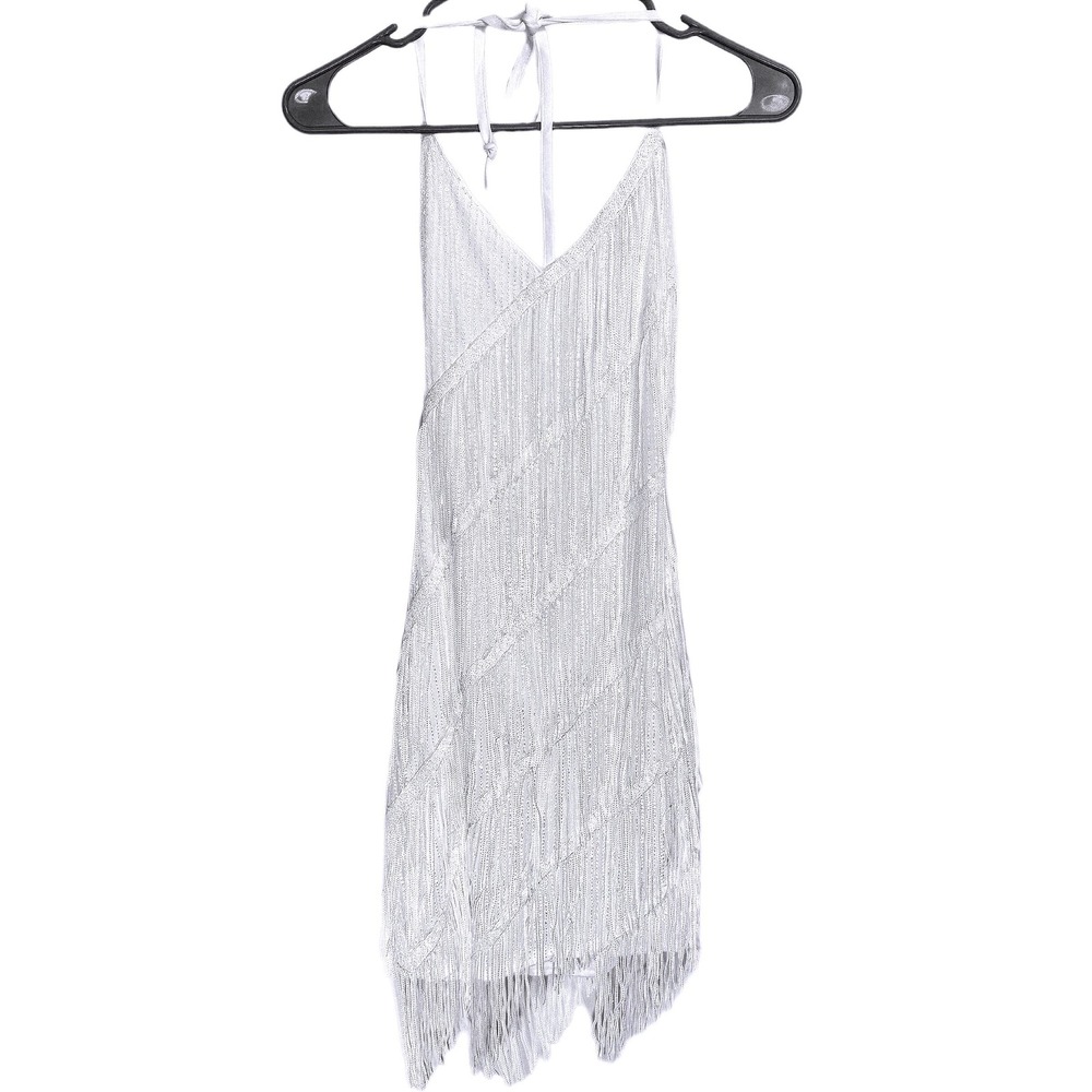 NWOT White Sequin Fringe Mini Dress V Neck Halter Gatsby Flapper Party Gown Sm - Picture 4 of 5